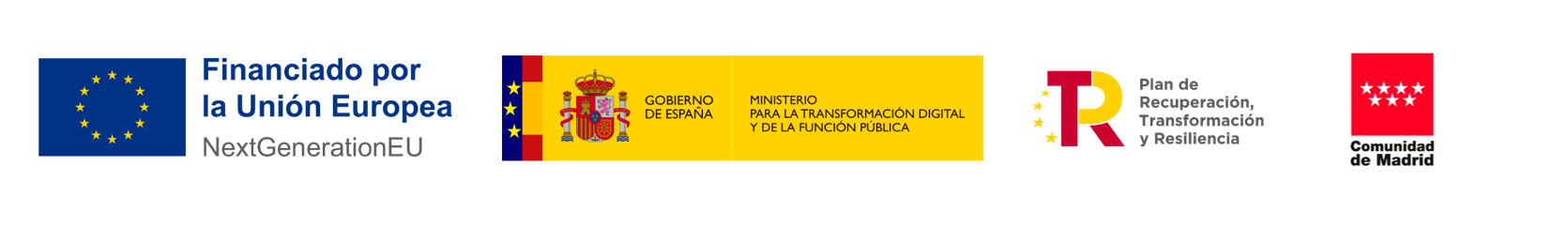Logos de financiación: Unión Europea NextGenerationEU, Gobierno de España, Ministerio para la Transformación Digital y de la Función Pública, Plan de Recuperación, Transformación y Resiliencia y Comunidad de Madrid